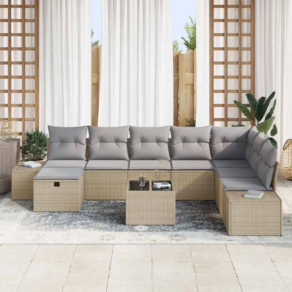 vidaXL Σετ Καναπέ Κήπου με μαξιλάρι 9 pcs Μπεζ Πολυ ράταν
