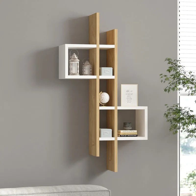Ραφιέρα τοίχου Garel pakoworld σε oak-λευκή απόχρωση 53,8x19,6x108εκ