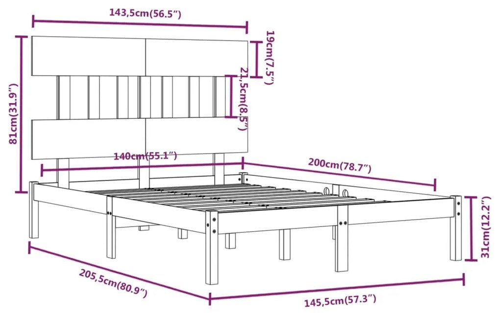 vidaXL Πλαίσιο Κρεβατιού 140 x 200 εκ. από Μασίφ Ξύλο