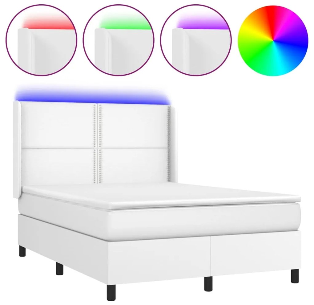 vidaXL Κρεβάτι Boxspring με Στρώμα & LED Λευκό 140x190 εκ. Συνθ. Δέρμα