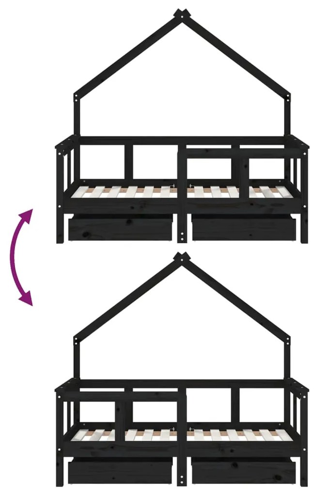 Πλαίσιο Παιδικού Κρεβατιού Συρτάρια Μαύρο 70x140εκ. Ξύλο Πεύκου - Μαύρο