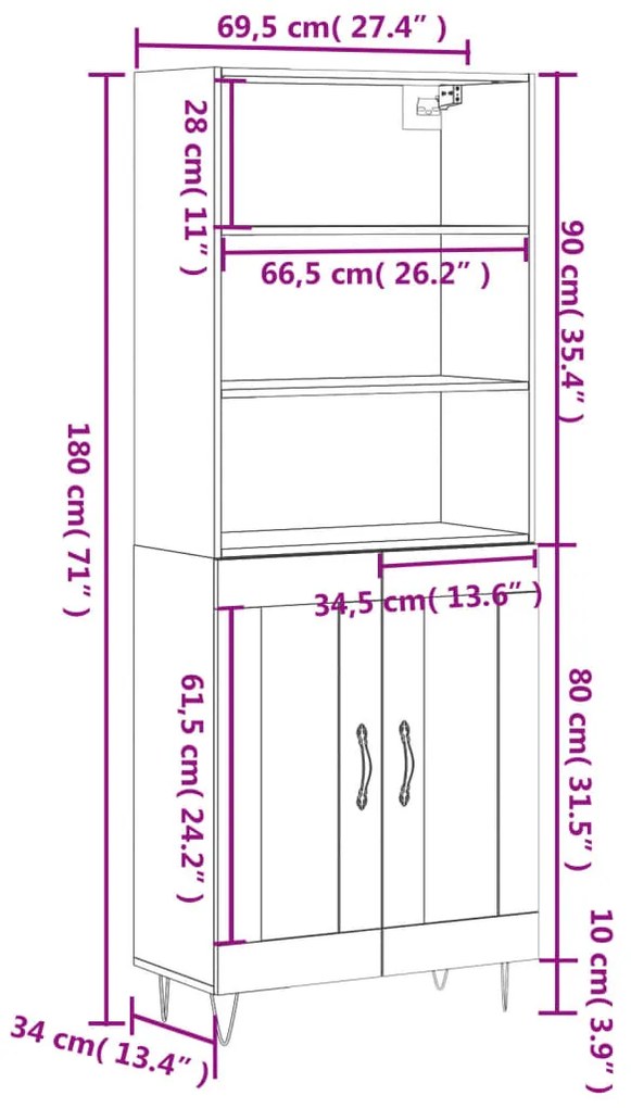 Ντουλάπι Μαύρο 69,5x34x180 εκ. από Επεξεργασμένο Ξύλο - Μαύρο