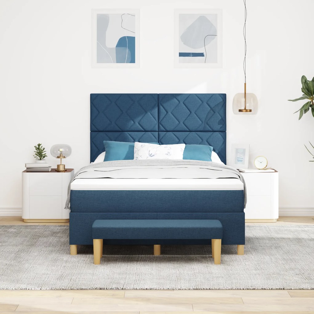 vidaXL Κρεβάτι Box Spring με Στρώμα & Πάγκο Μπλε 160x200 εκ. Ύφασμα