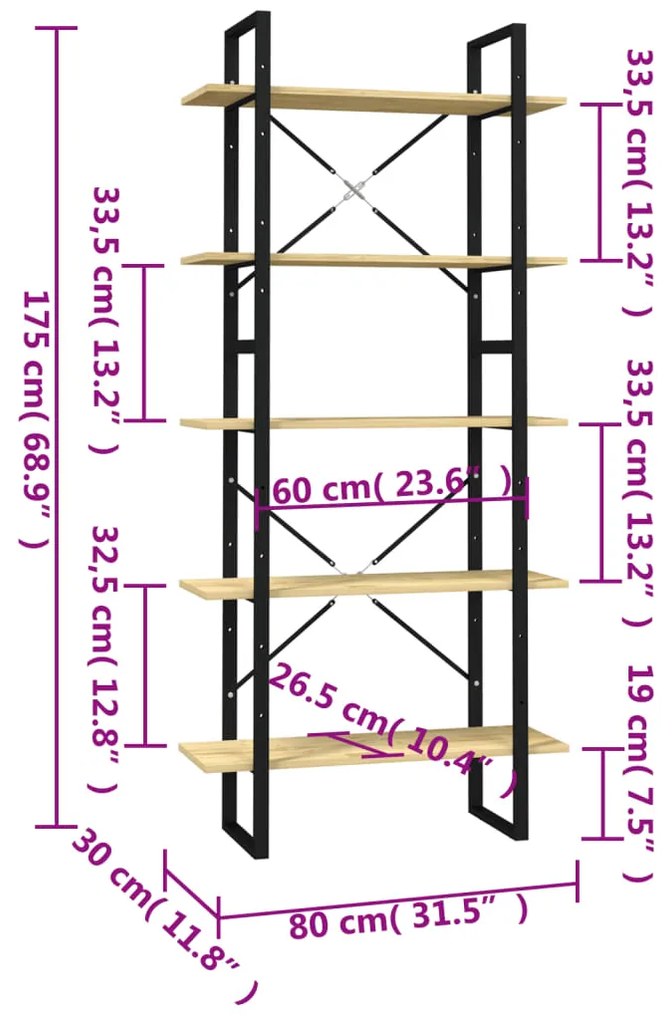 vidaXL Βιβλιοθήκη με 5 Ράφια 80 x 30 x 175 εκ. από Ξύλο Πεύκου