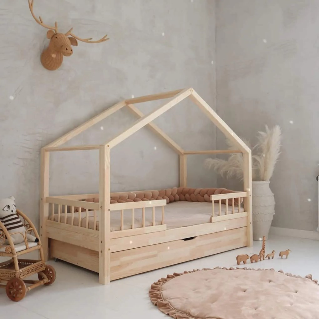 Κρεβάτι Παιδικό Montessori HouseBed Bello Duo Plus με Αφαιρούμενα Κάγκελα 23cm  + Συρτάρι σε Φυσικό  Ξύλο  90×200cm  Luletto (Δώρο 10% έκπτωση στο Στρώμα)