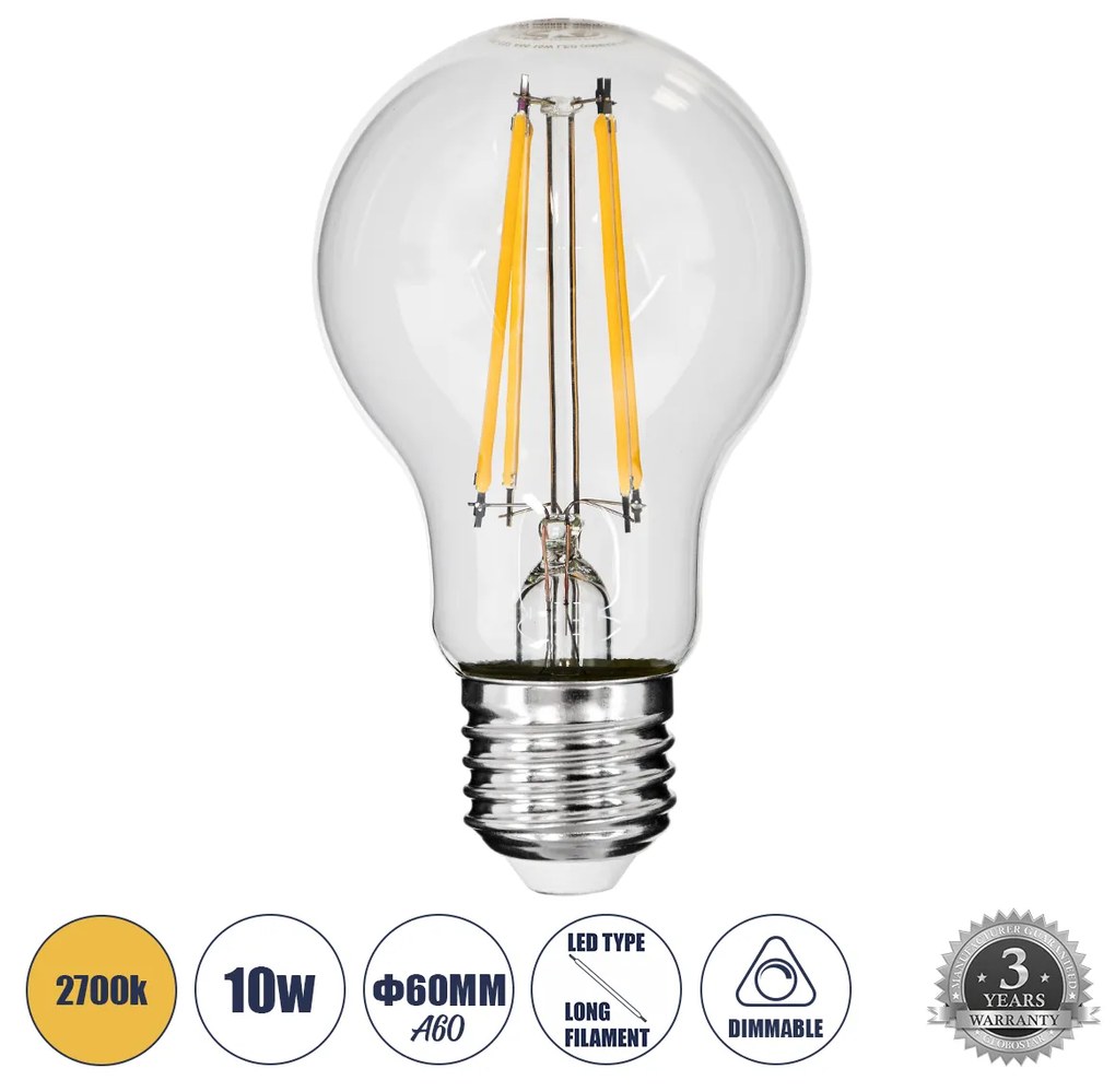 GloboStar® 99008 Λάμπα LED Long Filament E27 A60 Γλόμπος 10W 1000lm 360° AC 220-240V IP20 Φ6 x Υ10.5cm Θερμό Λευκό 2700K με Διάφανο Γυαλί - Dimmable - 3 Years Warranty