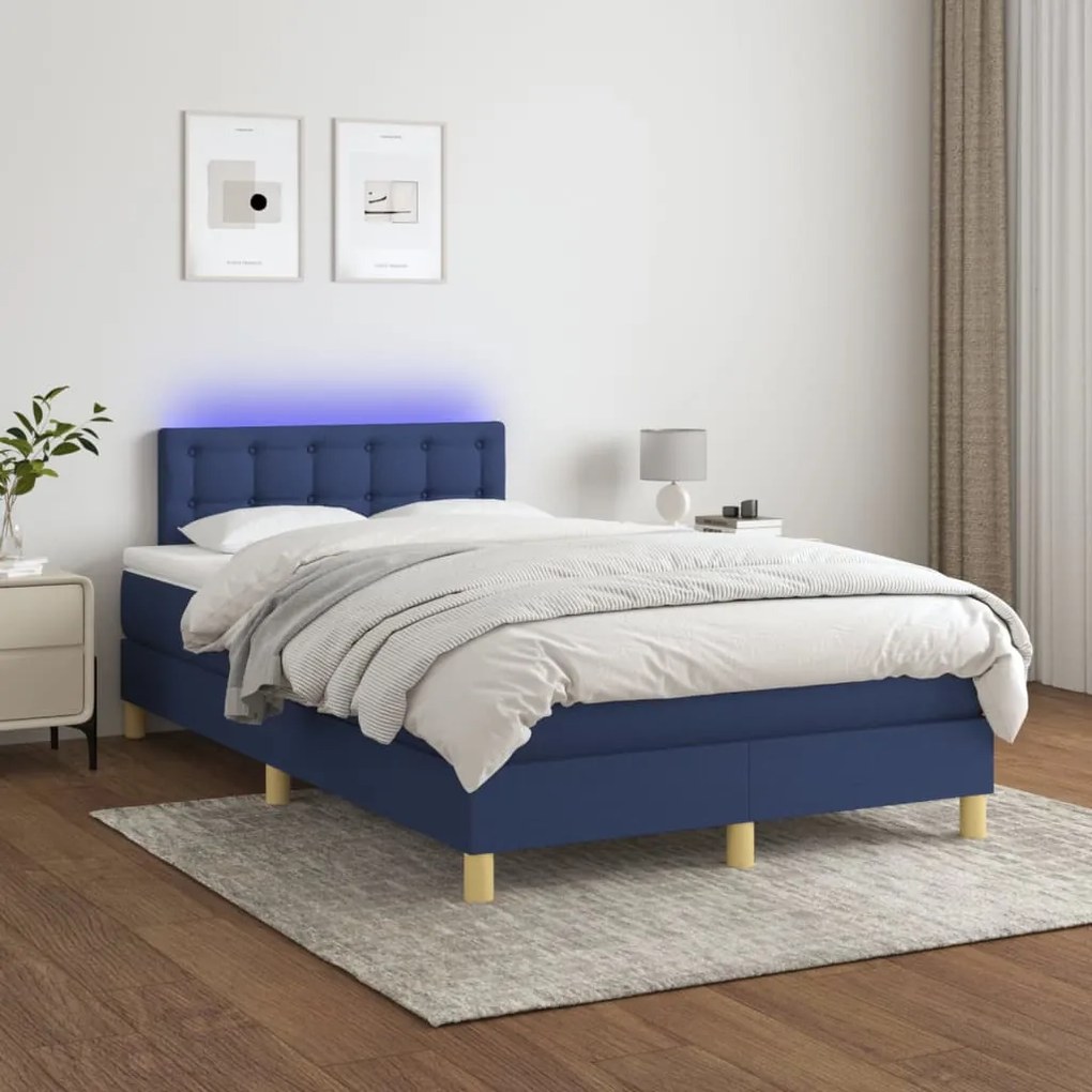 Κρεβάτι Boxspring με Στρώμα &amp; LED Μπλε 120x200 εκ. Υφασμάτινο - Μπλε