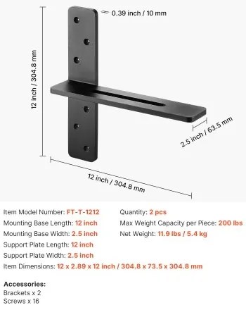 VEVOR 2 Pcs Shelf Brackets 12 inch / 304.8 mm Heavy Duty Floating Shelf Brackets