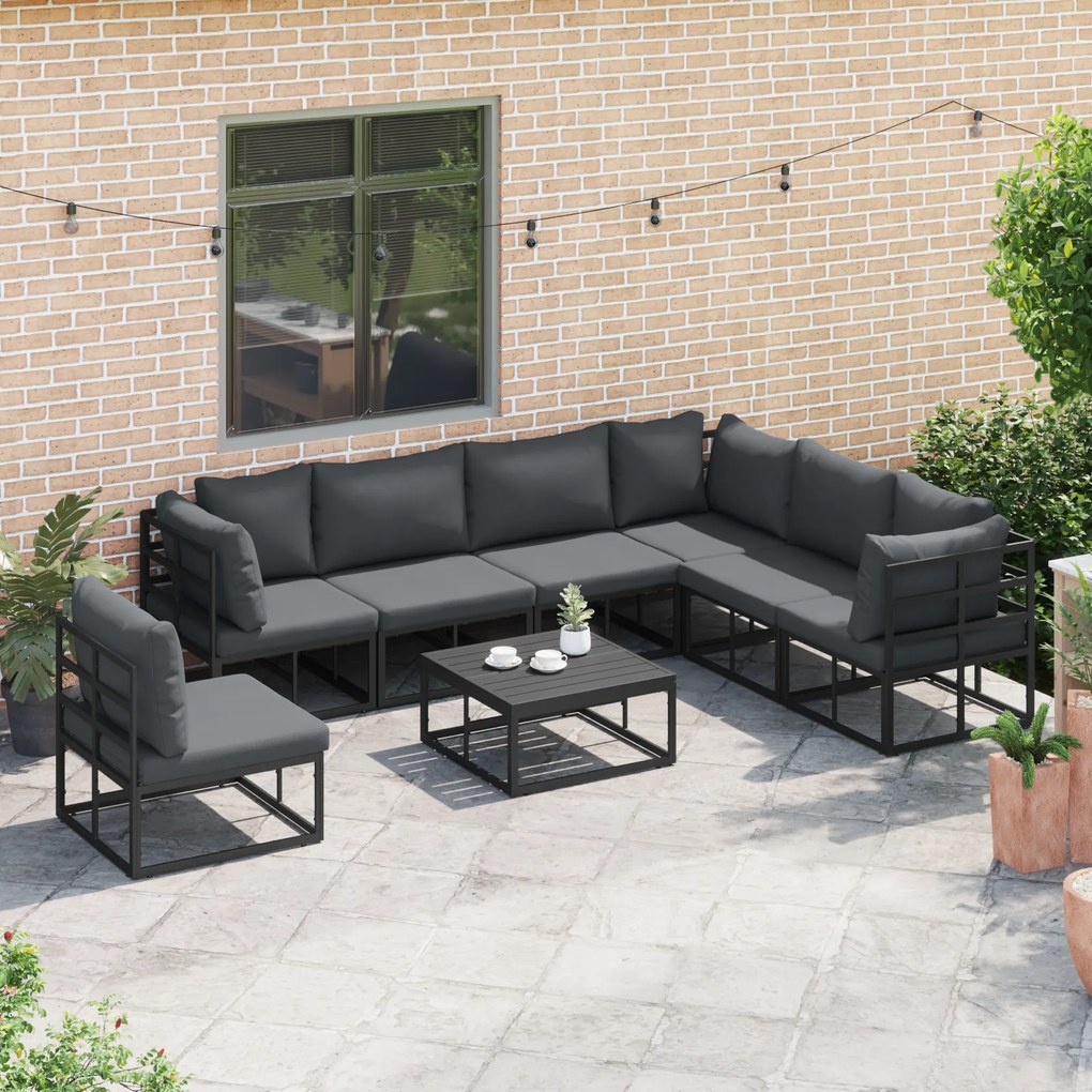 vidaXL Σετ Καναπέ Κήπου με μαξιλάρι 8 pcs Μαύρο Αλουμίνιο