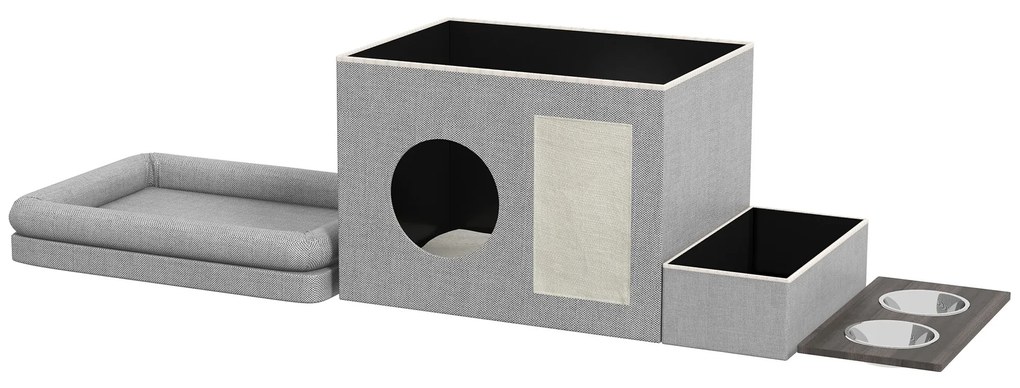 PawHut Σπιτάκι Γάτας, Σταθμός Φαγητού με 2 Ανοξείδωτα Μπολ, Χαλί Ξυσίματος, Μαλακό Μαξιλάρι, 78 x 48 x 49,5 cm, Γκρι