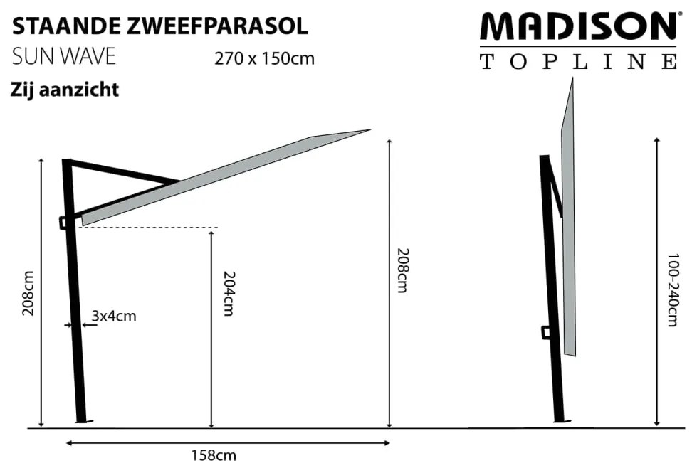 Madison Ομπρέλα Βεράντας Sun Wave Ανοιχτό Γκρι 270 x 150 εκ. - Γκρι