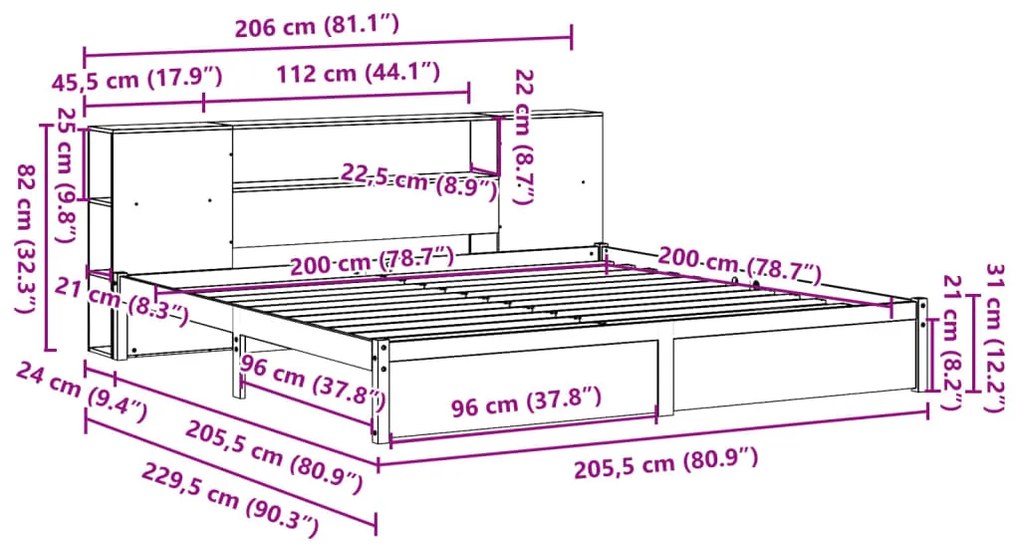 Κρεβάτι Βιβλιοθήκη Χωρίς Στρώμα 200x200 εκ Μασίφ Ξύλο Πεύκου 3322367