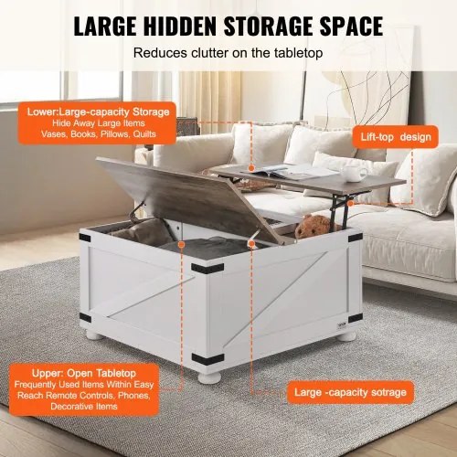VEVOR 31.5&quot; Farmhouse Coffee Table Hinged Lift Top Square Table with Storage