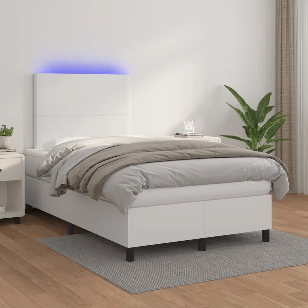 vidaXL Κρεβάτι Boxspring με Στρώμα & LED Λευκό 120x190 εκ. Συνθ. Δέρμα