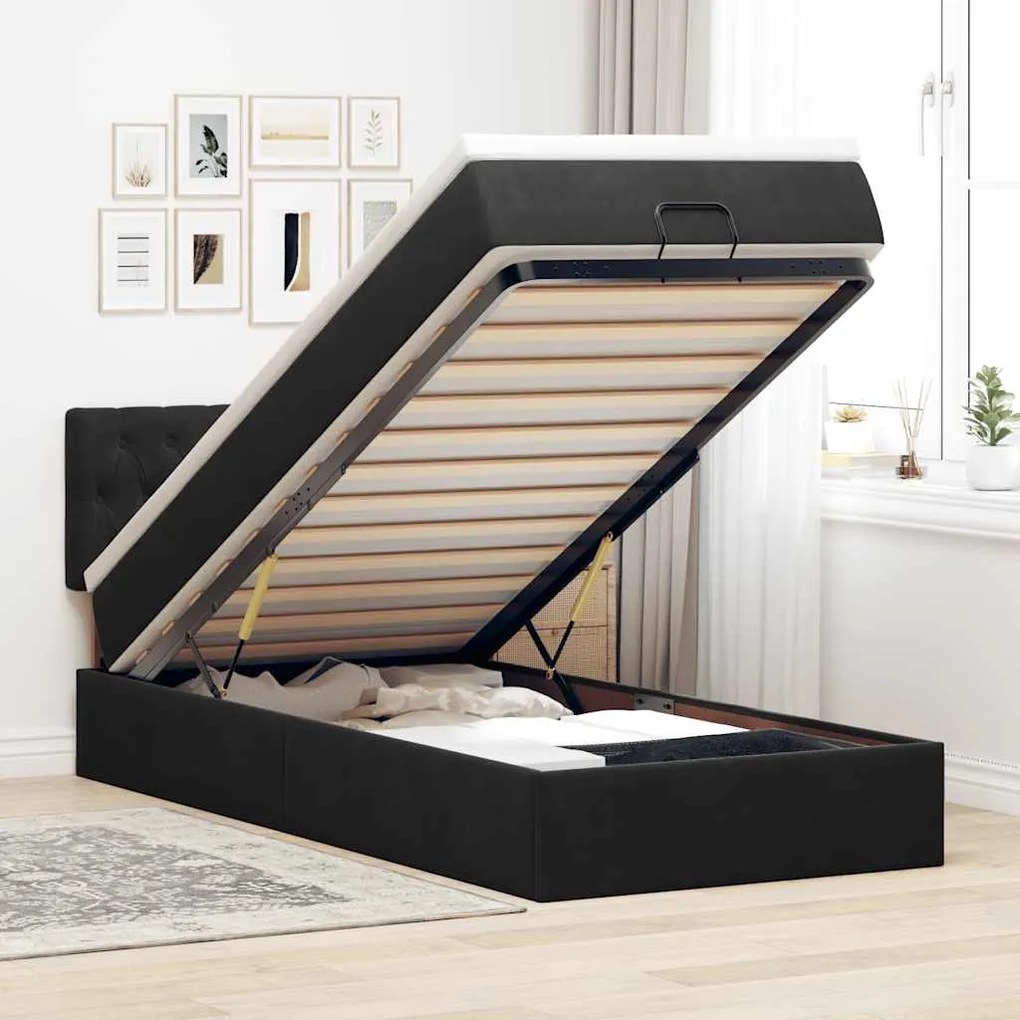vidaXL Οθωμανικό κρεβάτι με στρώμα &amp; LEDs Μαύρο 100x200cm Velvet