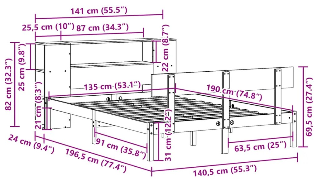 Κρεβάτι Βιβλιοθήκη Χωρίς Στρώμα 135x190 εκ Μασίφ Ξύλο Πεύκου - Καφέ