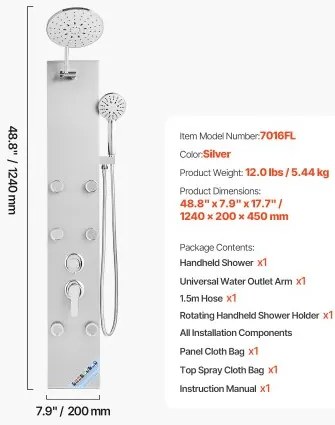 VEVOR Shower Panel Tower System Stainless Steel Column Rainfall Head Massage Jet