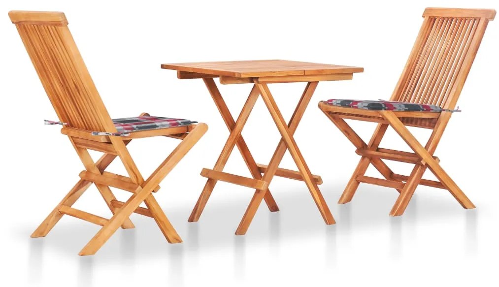 Σετ Επίπλων Mπιστρό 3 τεμ Ξύλο Teak & Κόκκινα Καρό Μαξιλάρια