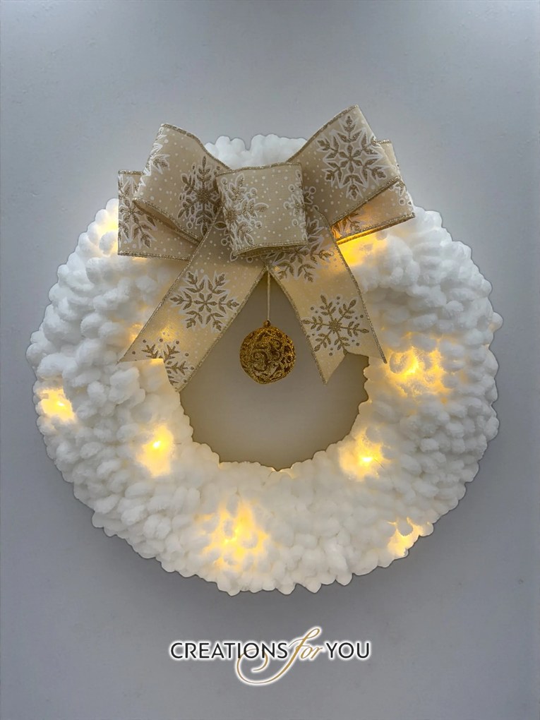 Χριστουγεννιάτικο Στεφάνι από Puffy Νήμα Φωτιζόμενο – Λευκό 45 εκ.