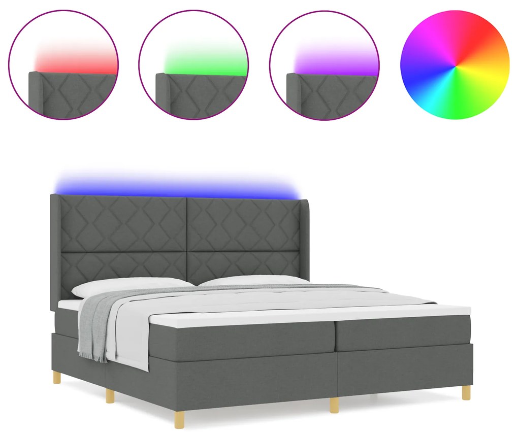 vidaXL κρεβάτι Box Spring με στρώμα και LED γκρι σκούρο 200x200 εκ ύφασμα