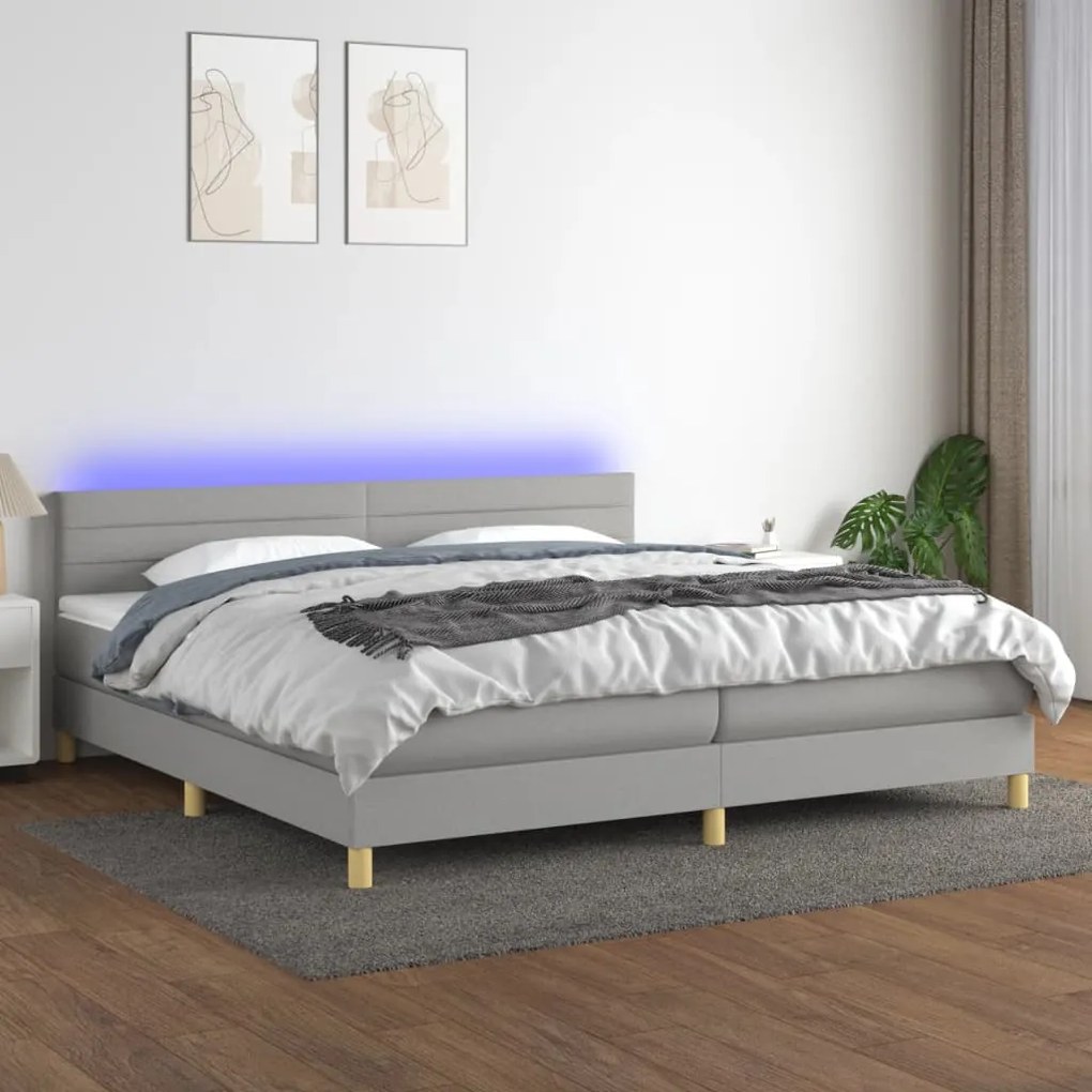 vidaXL Κρεβάτι Boxspring με Στρώμα & LED Αν.Γκρι 200x200εκ. Υφασμάτινο