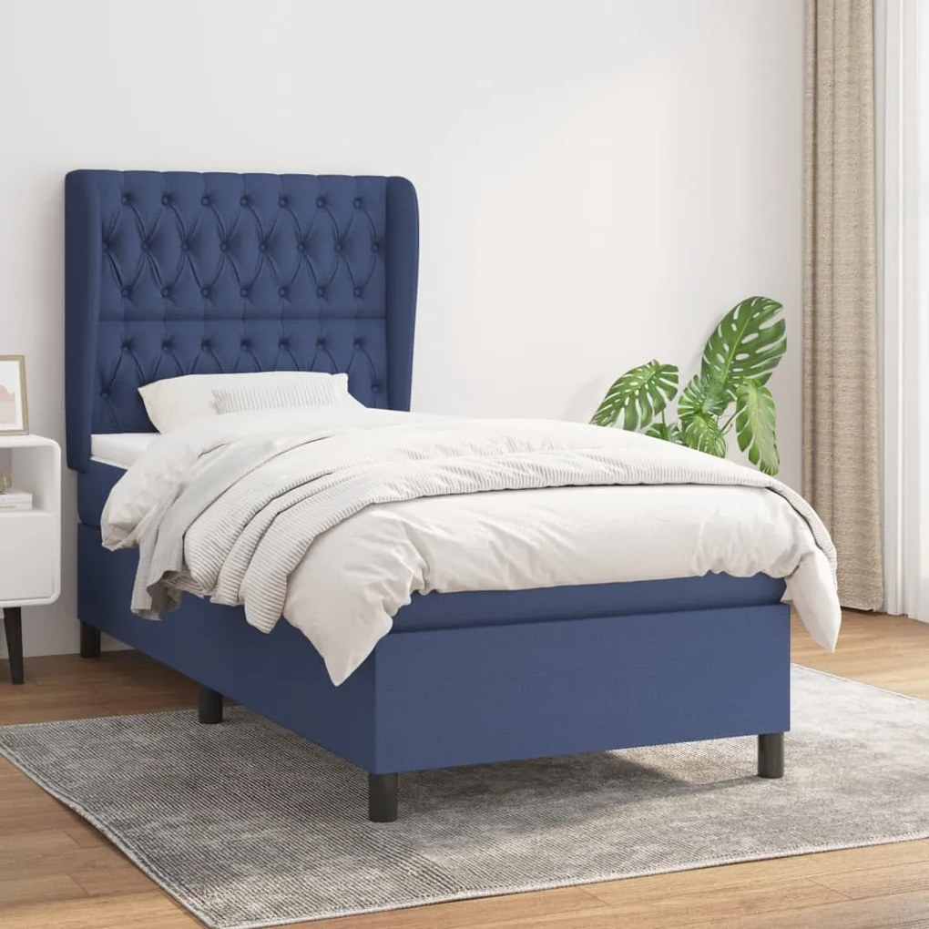 vidaXL Κρεβάτι Boxspring με Στρώμα Μπλε 90x200 εκ.Υφασμάτινο