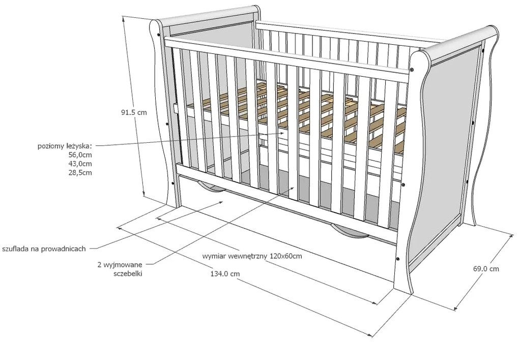 Βρεφικό προεφηβικό Κρεβάτι με Συρτάρι Mini Elegant Lux  White  60x120cm   BC10017A  BabyCute