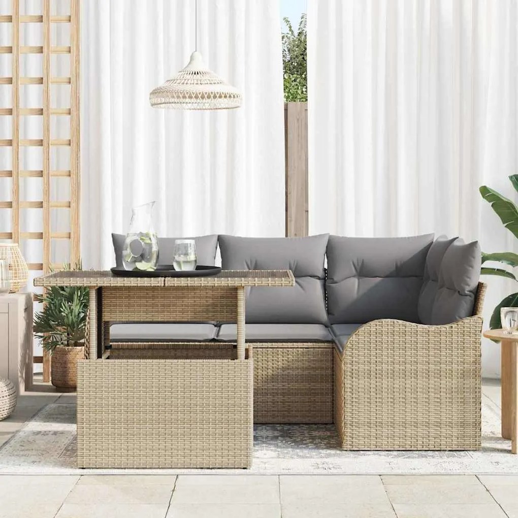vidaXL Σετ Καναπέ Κήπου με μαξιλάρι 5 pcs Μπεζ Πολυ ράταν