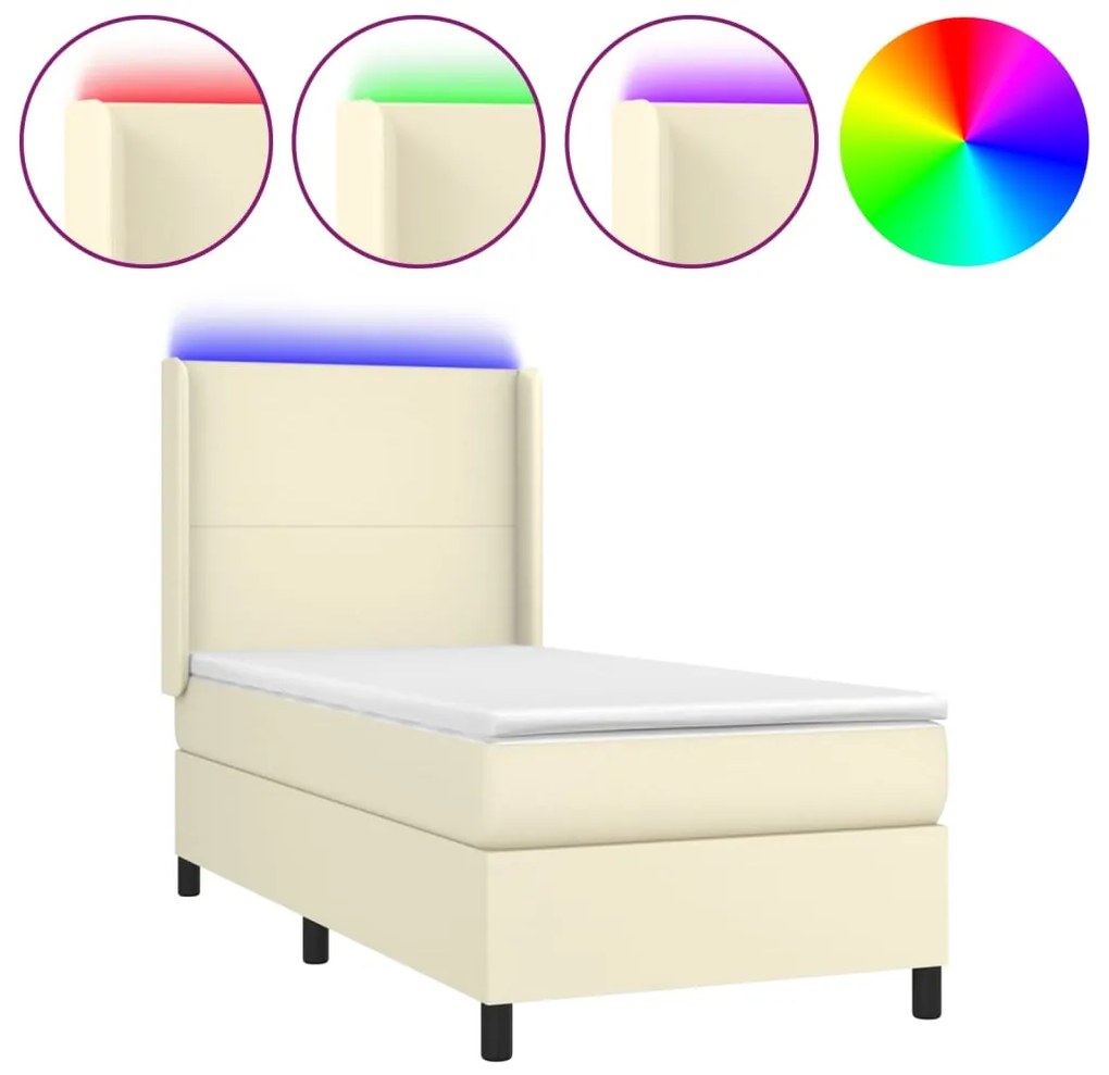 vidaXL Κρεβάτι Boxspring με Στρώμα & LED Κρεμ 90x200 εκ. Συνθ. Δέρμα