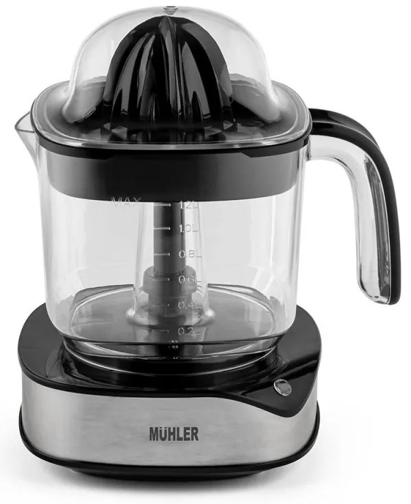 Πρέσα εσπεριδοειδών Muhler MJ-4020, 40 W, 1,2 λίτρα, Dvoposochno κίνηση, Ενδεικτική λυχνία, 2 κώνοι, Cheren/Inox.