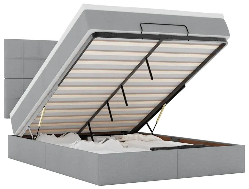 vidaXL Οθωμανικό κρεβάτι με στρώμα & LEDs Ανοιχτό γκρι ύφασμα