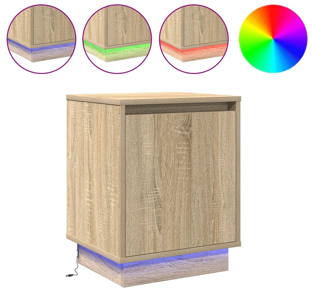 vidaXL Κομοδίνα με LED φώτα 2 τεμ Σονομά Οξιά 39x34,5x50 cm