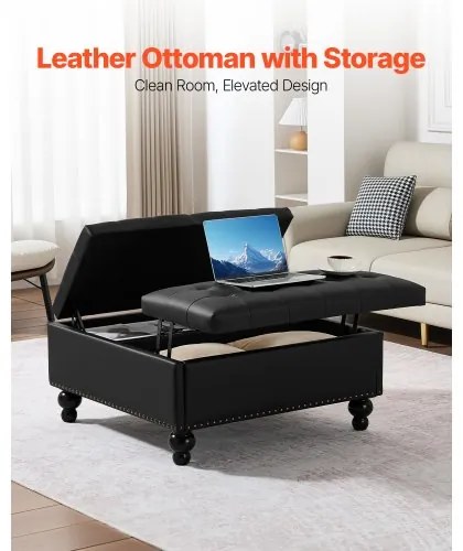 VEVOR 34 in Square Leather Ottoman with Storage Coffee Table for Living Room