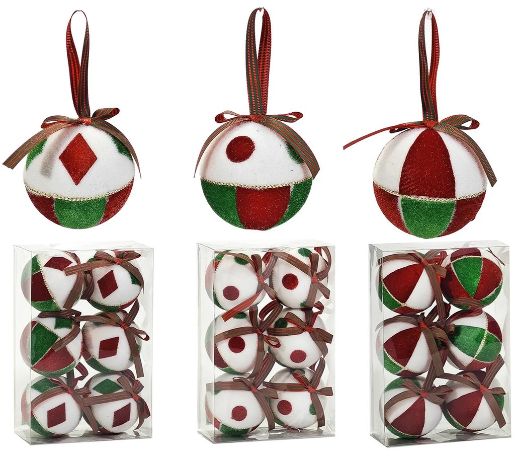 Χριστουγεννιάτικη Μπάλα Πολύχρωμο 80mm Σετ 6Τμχ Σε 3 Σχέδια