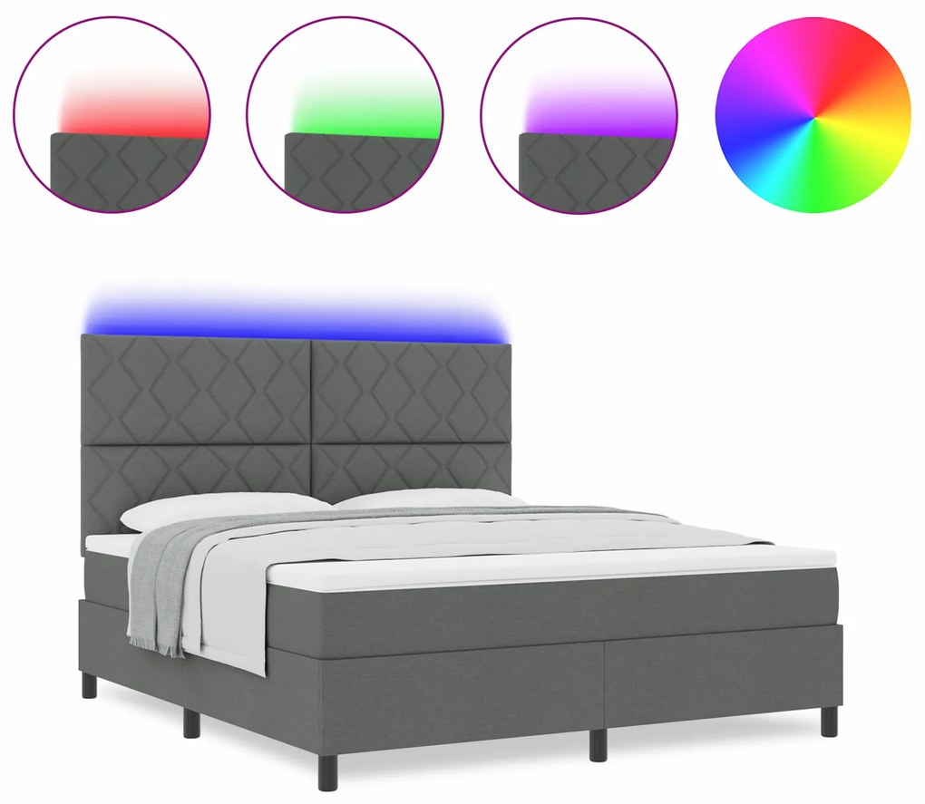 vidaXL Κρεβάτι με Ελατήρια και Στρώμα & LED - Σκοτεινό Γκρι, 180 x 200 εκ.