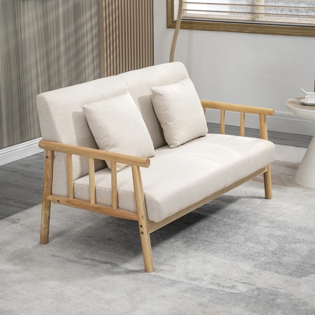 HOMCOM Καναπές 2 θέσεων, υφασμάτινη επένδυση σε όψη λινάτσας, συμπαγής, έως 200 kg, ξύλινος σκελετός, 123Μ x 69Π x 74Υ cm, Μπεζ