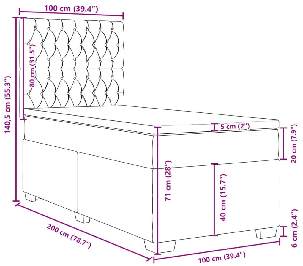 Κρεβάτι Boxspring με Στρώμα Σκούρο Γκρι 100x200 εκ. Υφασμάτινο - Γκρι