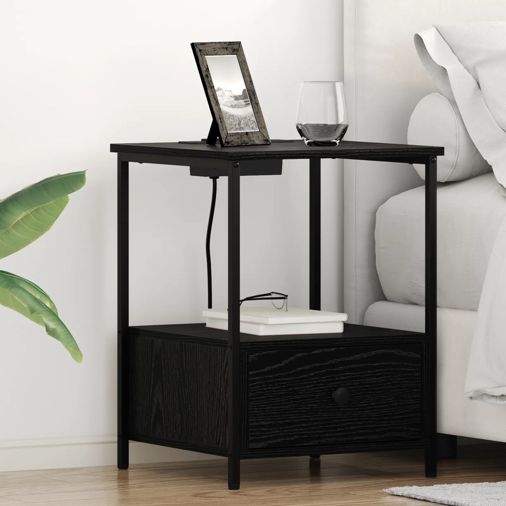 vidaXL Κομοδίνο με Σταθμό Φόρτισης 2 pcs Μαύρη δρυς Επεξεργασμένο ξύλο