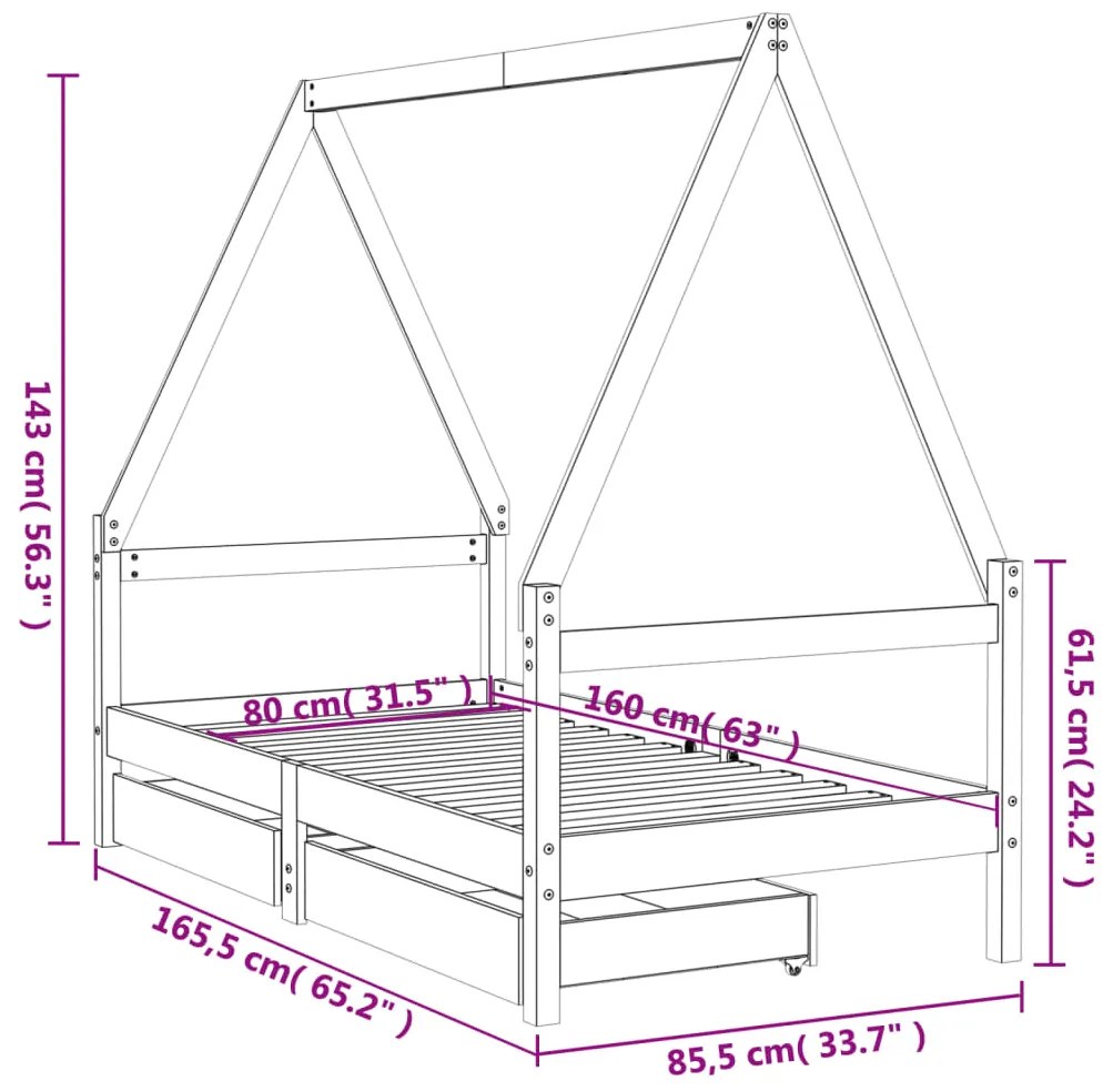 Πλαίσιο Παιδικού Κρεβατιού Συρτάρια Μαύρο 80x160εκ. Ξύλο Πεύκου - Μαύρο