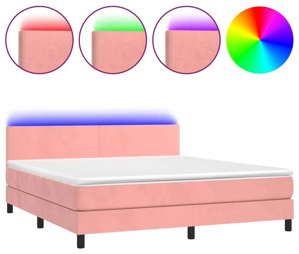 Κρεβάτι Boxspring με Στρώμα &amp; LED Ροζ 160x200 εκ. Βελούδινο - Ροζ