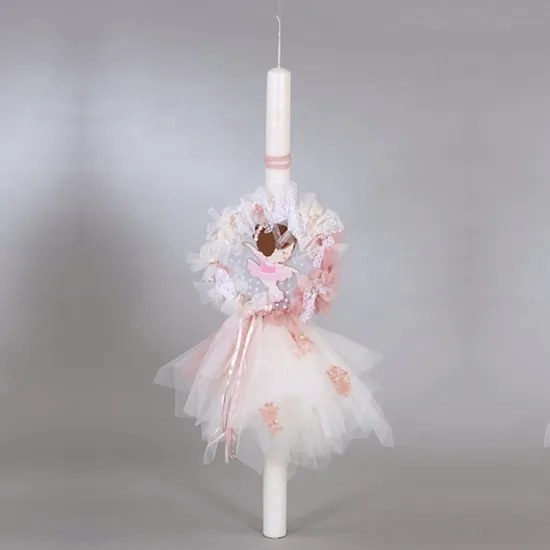 Λαμπάδα βάπτισης με στεφάνι και μπαλαρίνα