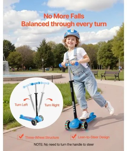VEVOR Kick Scooter for Kids Ages 3+, 3-Wheel Toddler Scooter with Light-Up Wheels, Adjustable Height Handlebar, Wide Anti-Slip Deck, Lightweight Aluminum Frame for Boys and Girls up to 74.8 kg, Blue