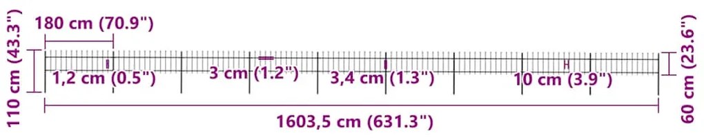 vidaXL Φράχτης Κήπου με Κορυφή Δόρυ Μαύρος Ατσάλινος 1603,5 x 60 εκ.