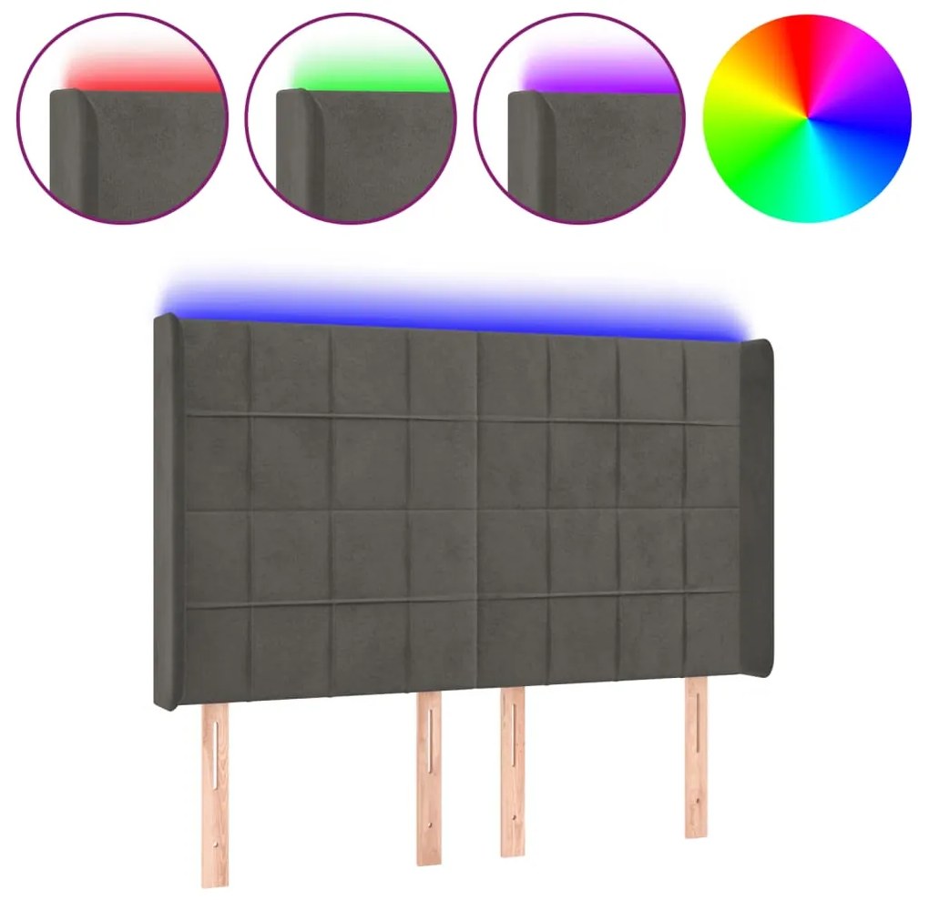 vidaXL Κεφαλάρι Κρεβατιού LED Σκούρο Γκρι 147x16x118/128εκ. Βελούδινο