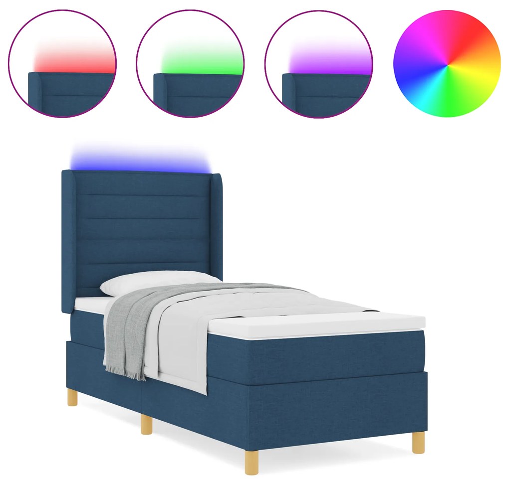 vidaXL Κρεβάτι με Ελαστική Βάση με Στρώμα & LED Μπλε 90x190 εκ Ύφασμα