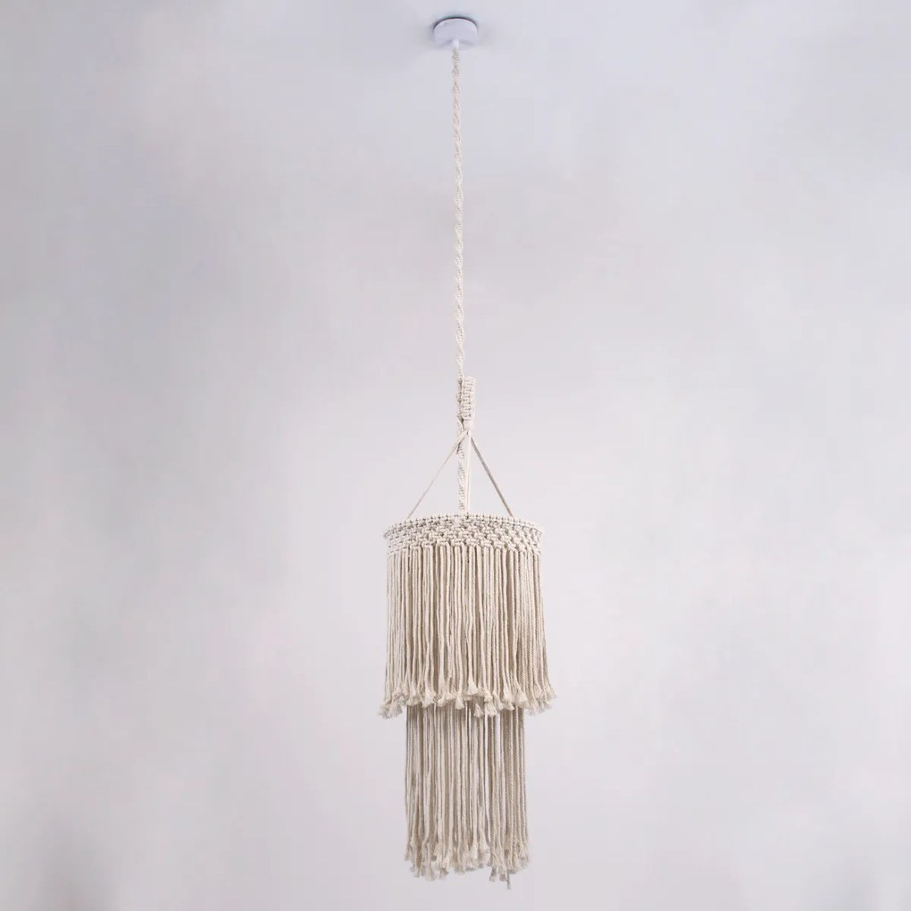 GloboStar ZAMBIA 36208 Boho - Μακραμέ - Macrame Κρεμαστό Φωτιστικό Οροφής Μονόφωτο 1 x E27 Πλεκτό Χειροποίητο Μπεζ Υφασμάτινο με Σχοινί Φ30 x Υ60cm