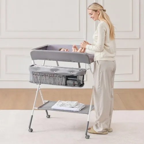 VEVOR Foldable Baby Changing Diaper Station with Side Basket &amp; Wheels Light Gray