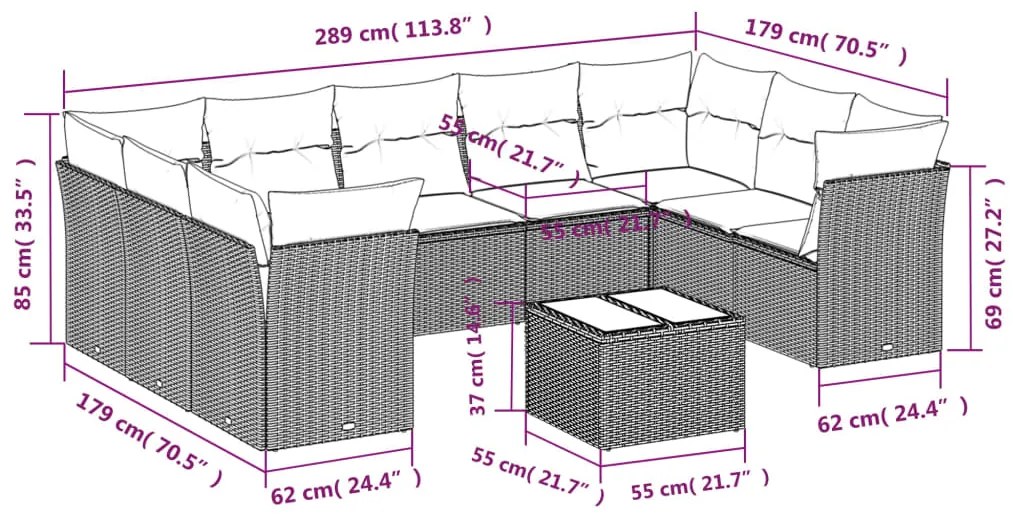 vidaXL Σαλόνι Κήπου 10 Τεμαχίων Γκρι από Συνθετικό Ρατάν με Μαξιλάρια