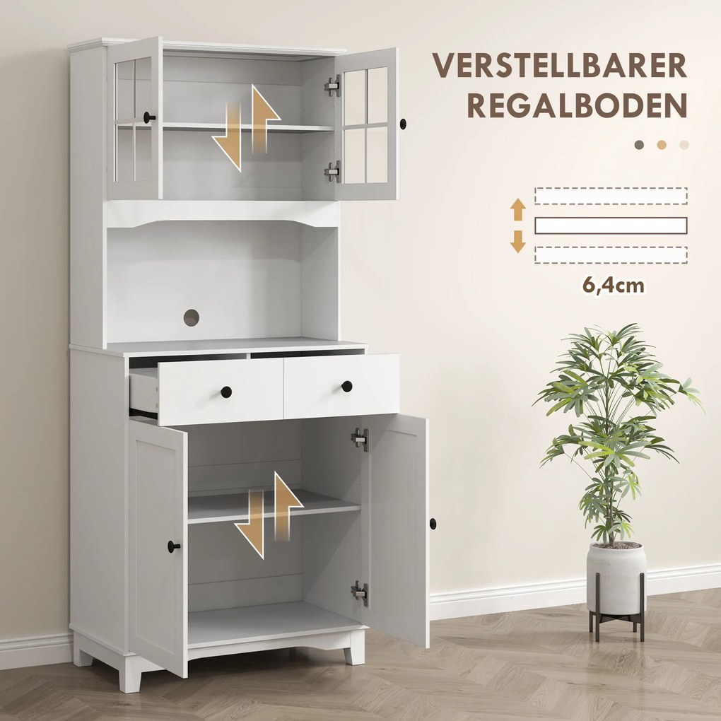 HOMCOM Ανεξάρτητο ντουλάπι κουζίνας με πάγκο εργασίας για φούρνο μικροκυμάτων, καφετιέρα, ντουλάπια, γυάλινες πόρτες, Λευκό