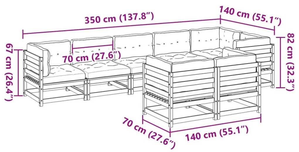 Καναπές Κήπου Σετ 8 Τεμαχίων από Μασίφ Ξύλο Πεύκου με Μαξιλάρια - Καφέ
